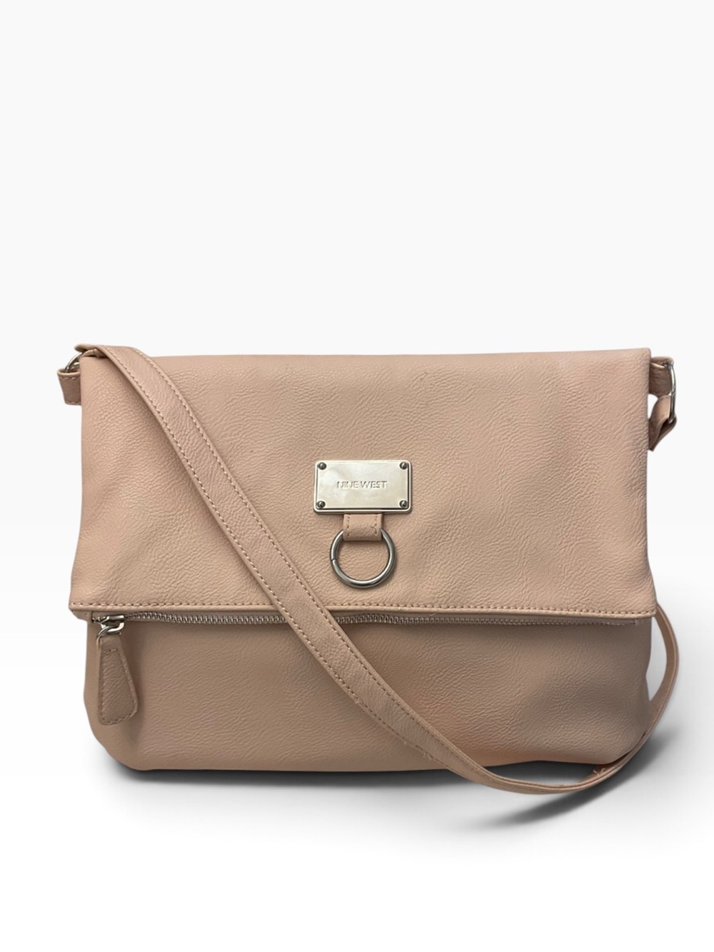 Nine West Women’s Tunnel Crossbody Fold-Over Bag Soft Blush Faux Pebbled Leather